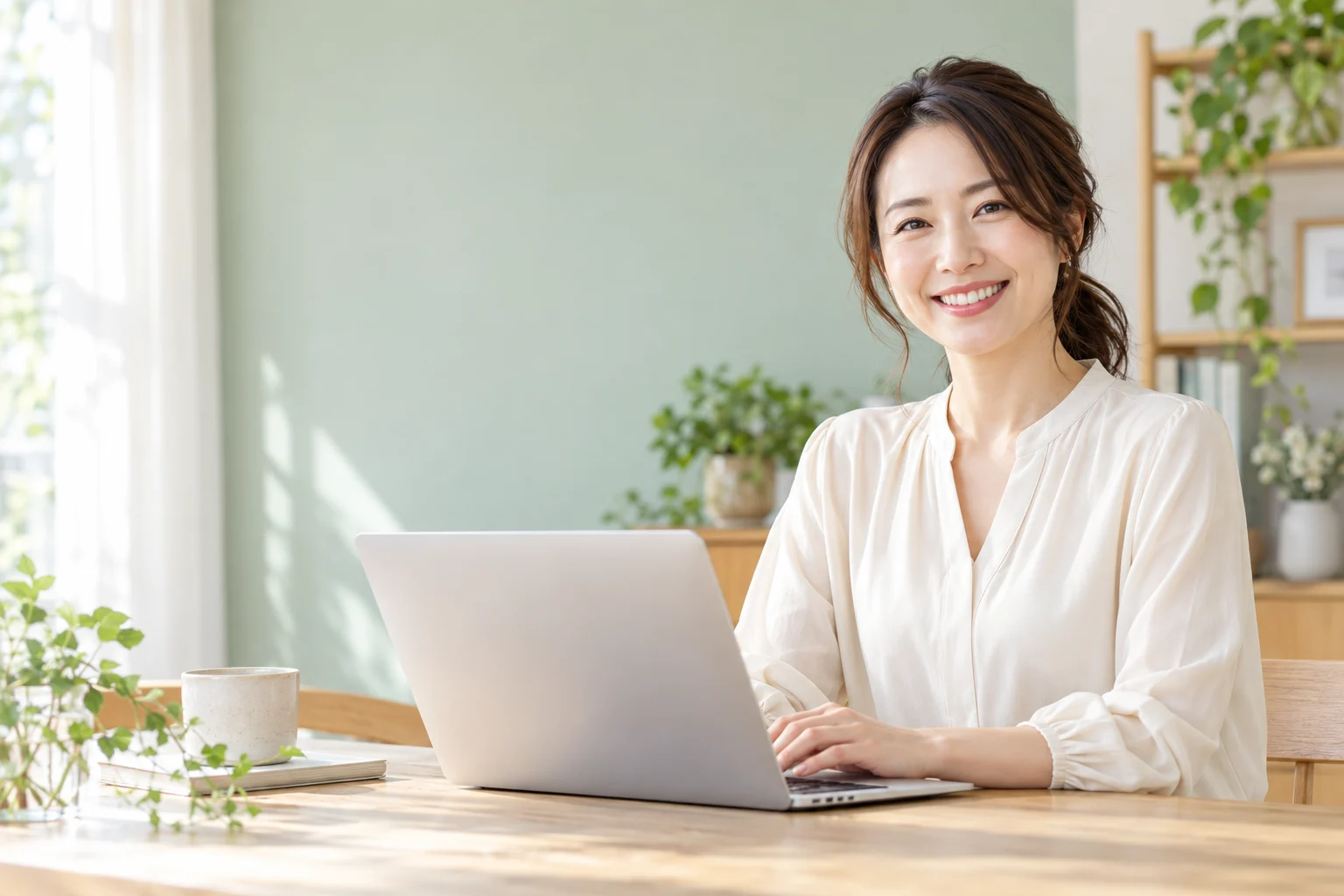 明るい自宅のデスクでノートパソコンを開く日本人女性の学習イメージ
