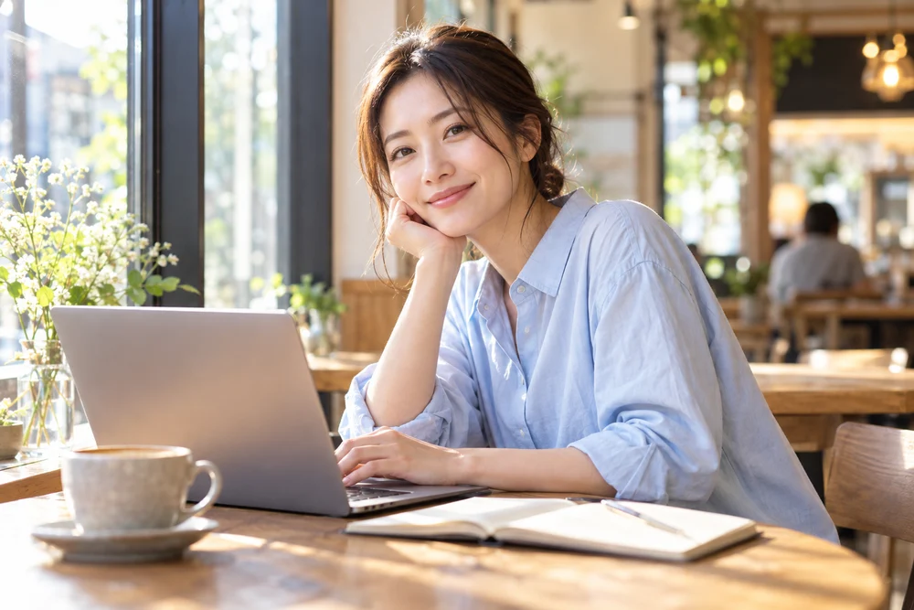 カフェでパソコンに向かう女性のイメージ