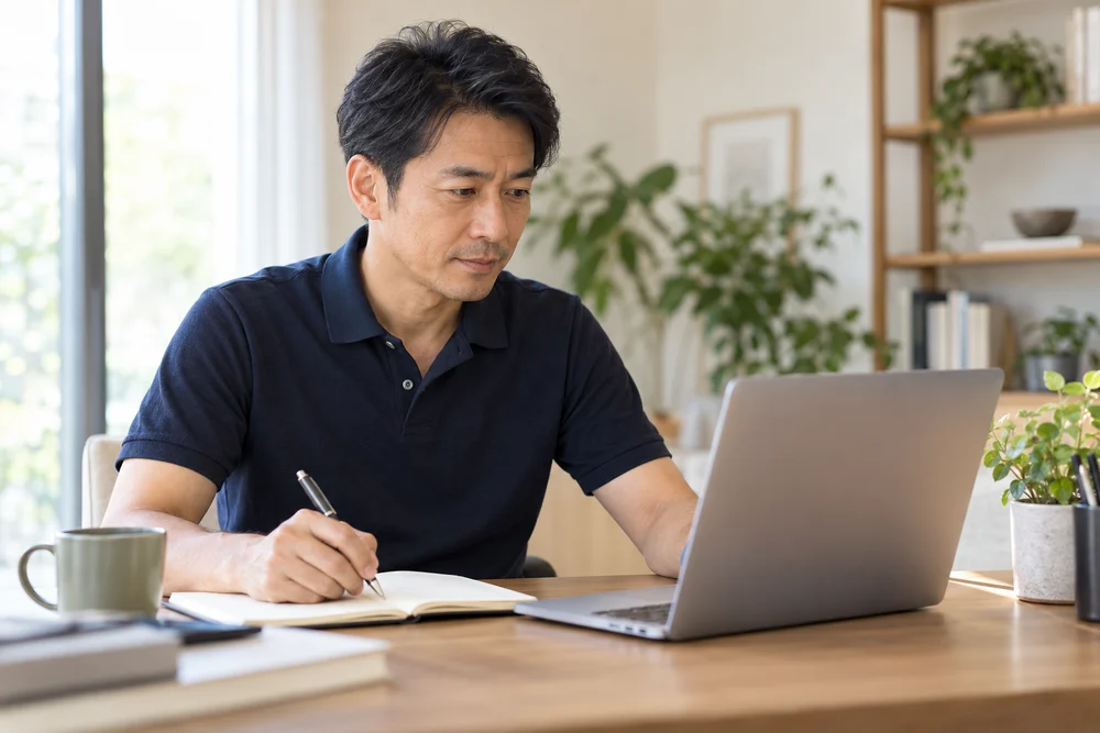 パソコンとノートで業務を整理する男性のイメージ